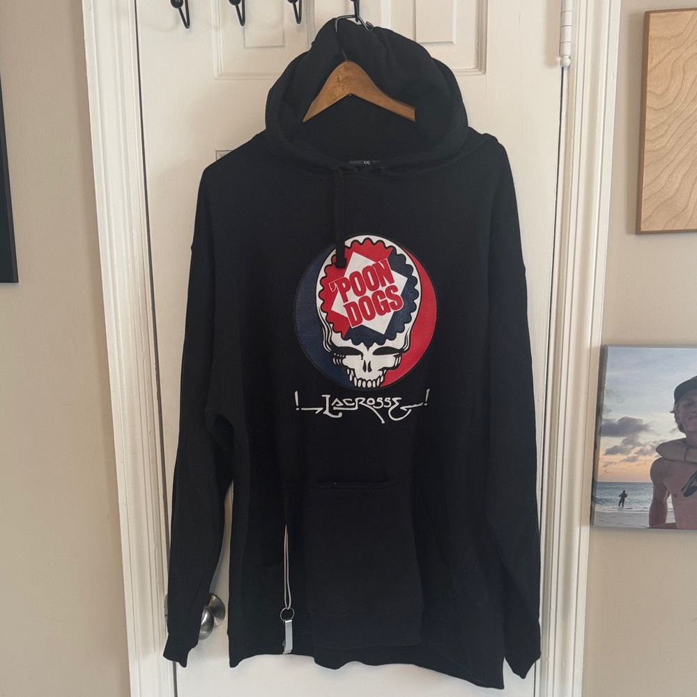 J. America Black Hoodie Red & White Graphic PoonDogs Lacrosse Cup pocket opener